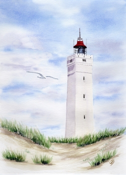 Poster DIN-A3 Aquarell Maritim Kunst Druck Kunstdruck Nordsee Dänemark Danmark  Blåvand Blavand Dünen Leuchtturm
